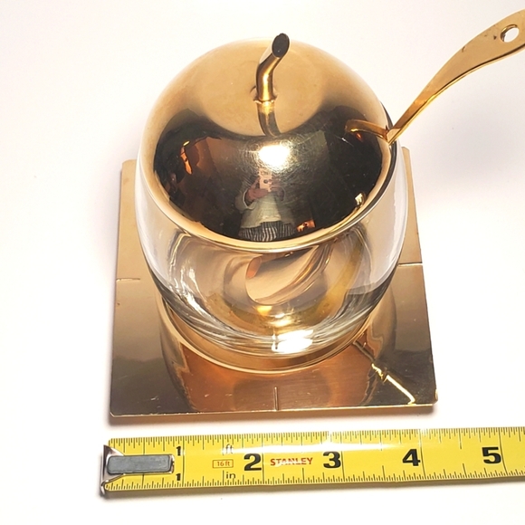24k Gold Plated Vtg Glass Sugar Bowl with Spoon & Tray Apple Stem Lid Brass MCM - Picture 6 of 11